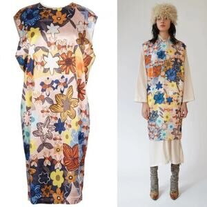 Acne Studios Delina Retro Floral Print Satin Shift Dress Multicolor‎ EU 34